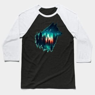 Wolf Silhouette Forest In Starry Night Baseball T-Shirt